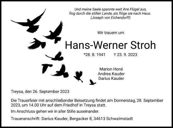 Traueranzeige von Hans-Werner Stroh von HNA