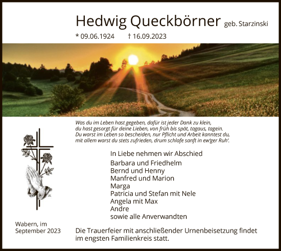 Traueranzeige von Hedwig Queckbörner von HNA