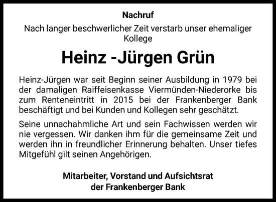 Traueranzeige von Heinz-Jürgen Grün von HNA