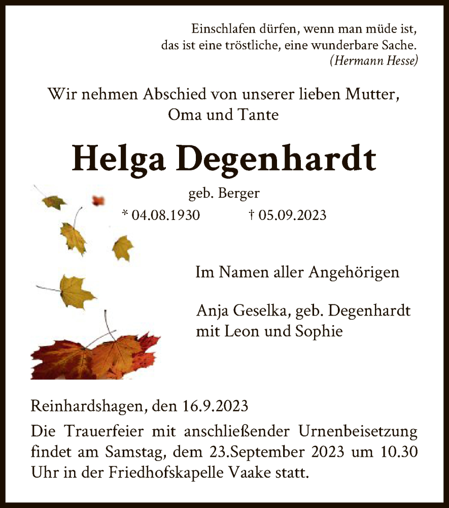  Traueranzeige für Helga Degenhardt vom 16.09.2023 aus HNAHNA