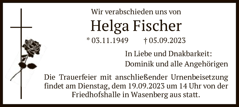  Traueranzeige für Helga Fischer vom 16.09.2023 aus HNA