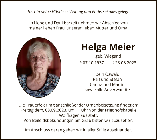 Traueranzeige von Helga Meier von HNA