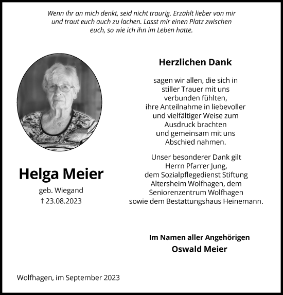Traueranzeige von Helga Meier von HNA