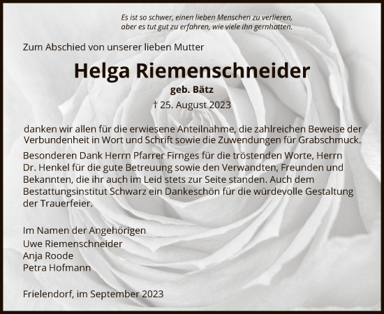 Traueranzeige von Helga Riemenschneider von HNAHNA