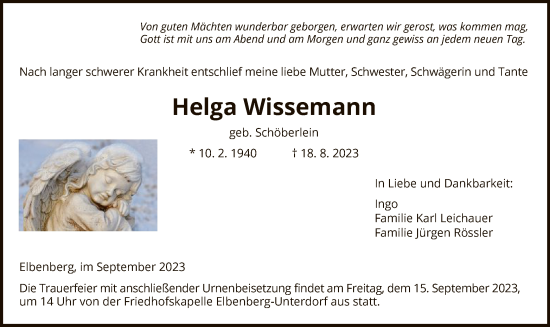 Traueranzeige von Helga Wissemann von HNA