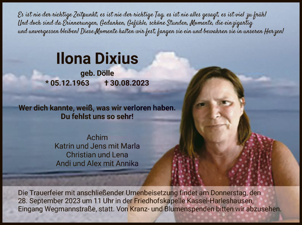  Traueranzeige für Ilona Dixius vom 23.09.2023 aus HNA
