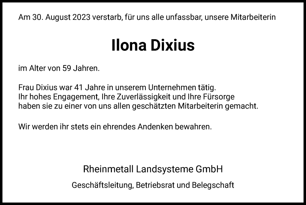  Traueranzeige für Ilona Dixius vom 26.09.2023 aus HNA