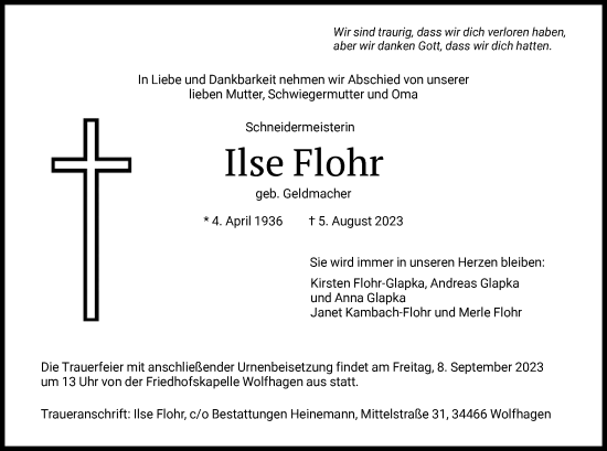 Traueranzeige von Ilse Flohr von HNA