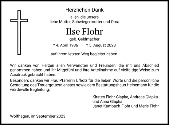 Traueranzeige von Ilse Flohr von HNA