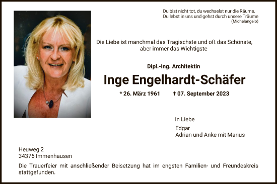 Traueranzeige von Inge Engelhardt-Schäfer von HNAHNA