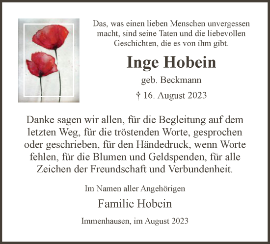 Traueranzeige von Inge Hobein von HNA