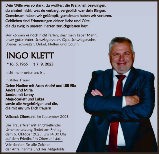 Traueranzeige von Ingo Klett von HNA