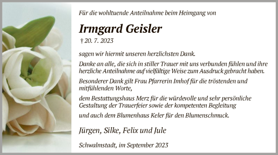 Traueranzeige von Irmgard Geisler von HNA