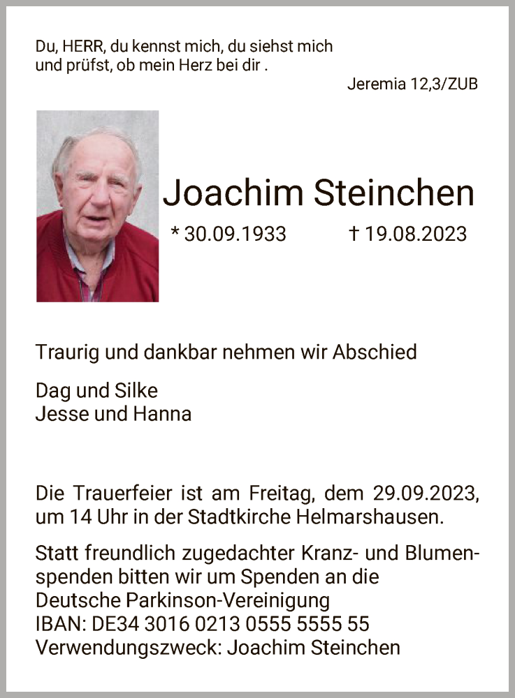  Traueranzeige für Joachim Steinchen vom 23.09.2023 aus HNA