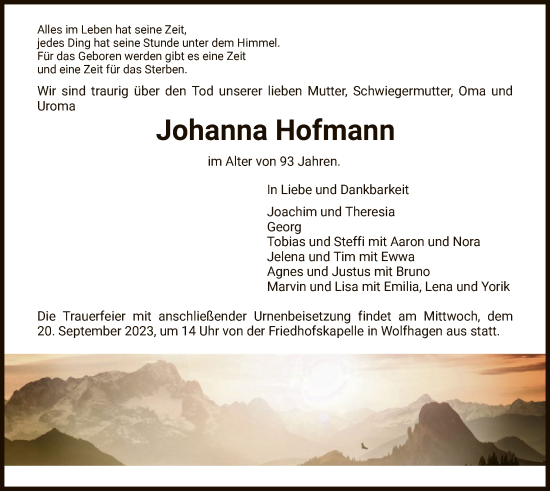 Traueranzeige von Johanna Hofmann von HNA
