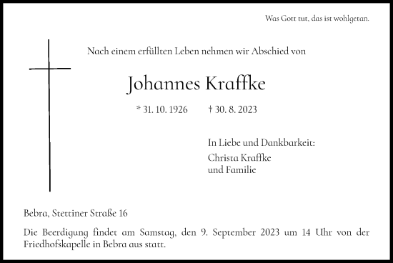 Traueranzeige von Johannes Kraffke von HNA