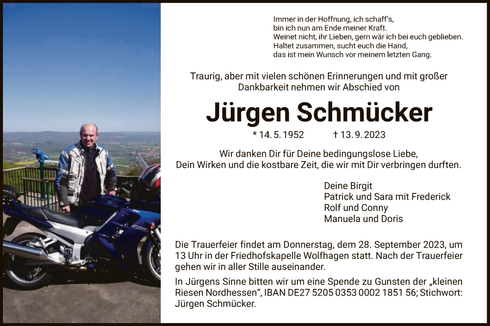 Traueranzeige für Jürgen Schmücker vom 23.09.2023 aus HNA
