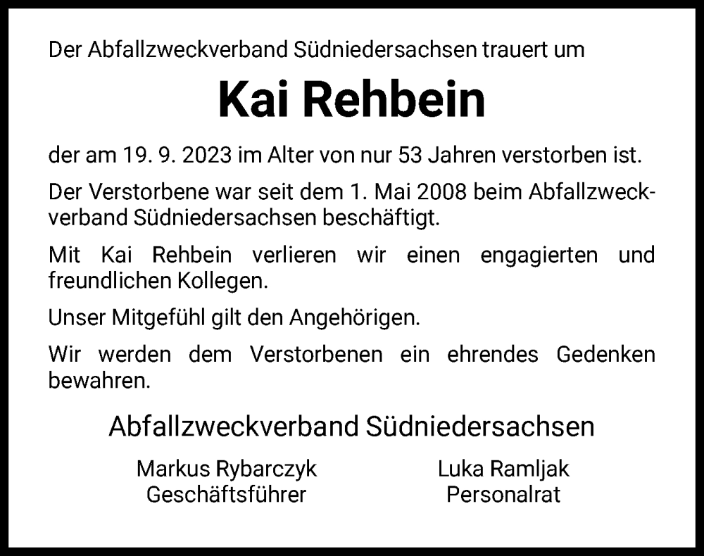  Traueranzeige für Kai Rehbein vom 30.09.2023 aus HNA