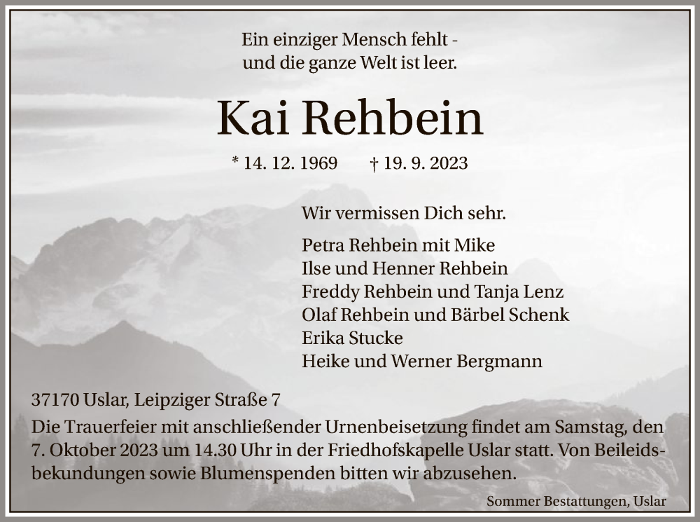  Traueranzeige für Kai Rehbein vom 30.09.2023 aus HNA
