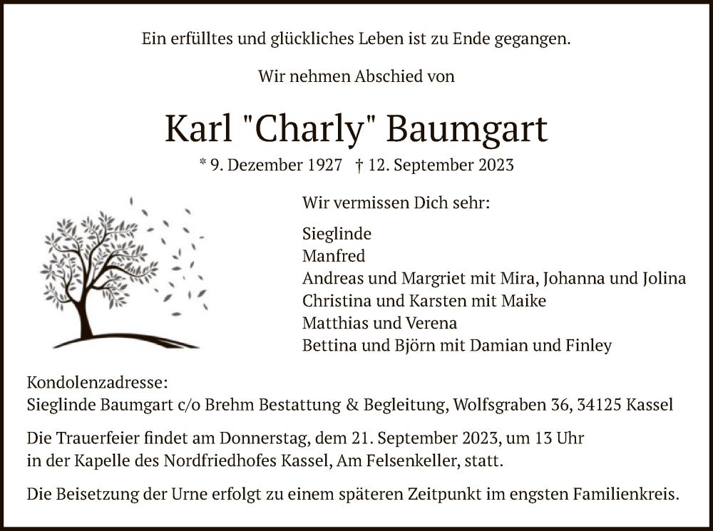  Traueranzeige für Karl Baumgart vom 16.09.2023 aus HNA