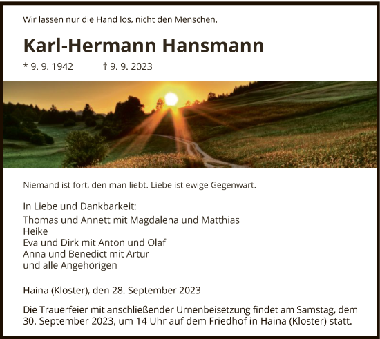 Traueranzeige von Karl-Hermann Hansmann von HNA