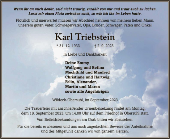 Traueranzeige von Karl Triebstein von HNA