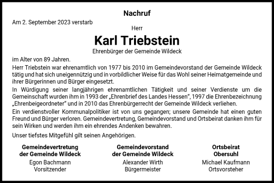 Traueranzeige von Karl Triebstein von HNA