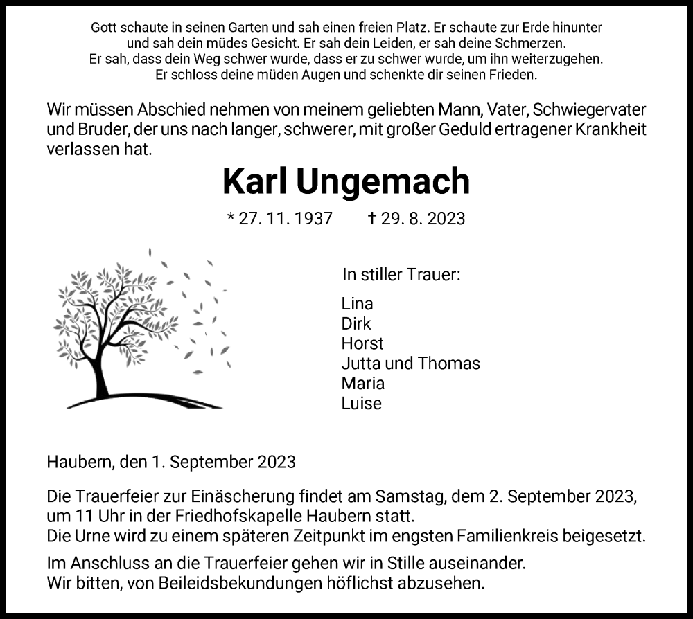  Traueranzeige für Karl Ungemach vom 01.09.2023 aus HNA
