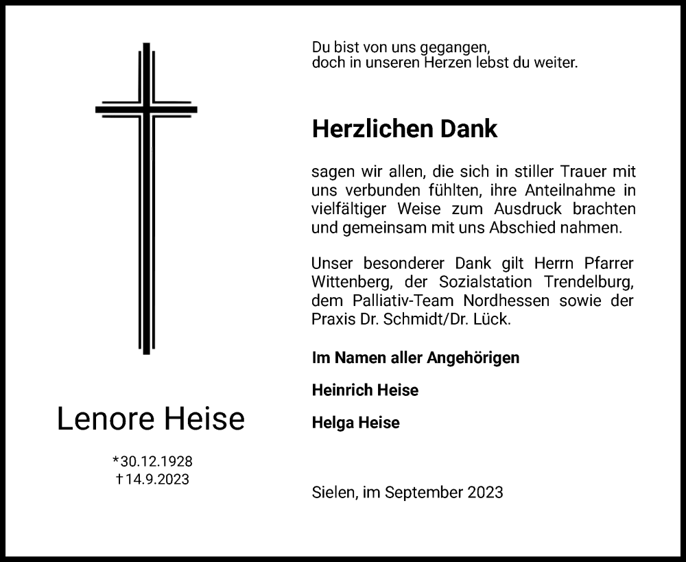  Traueranzeige für Lenore Heise vom 30.09.2023 aus HNA
