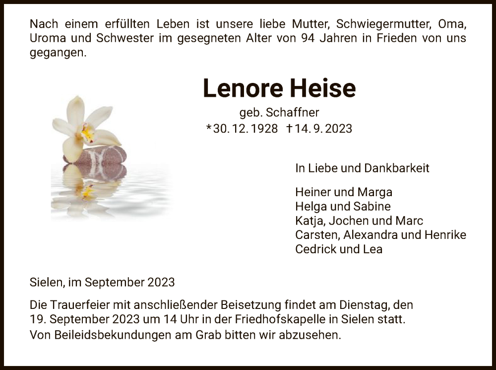  Traueranzeige für Lenore Heise vom 16.09.2023 aus HNA