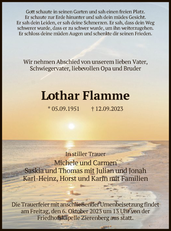 Traueranzeige von Lothar Flamme von HNA
