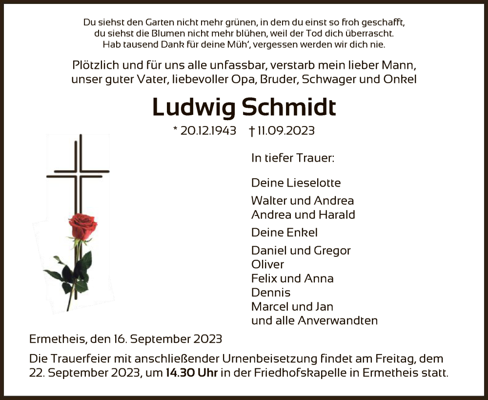  Traueranzeige für Ludwig Schmidt vom 16.09.2023 aus HNA