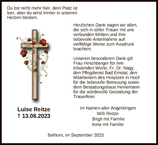 Traueranzeige von Luise Reitze von HNA