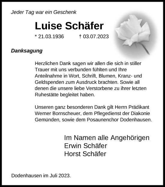 Traueranzeige von Luise Schäfer von HNA