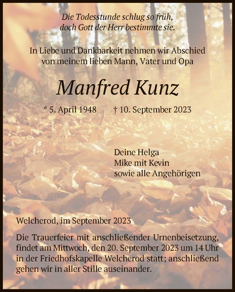  Traueranzeige für Manfred Kunz vom 16.09.2023 aus HNA