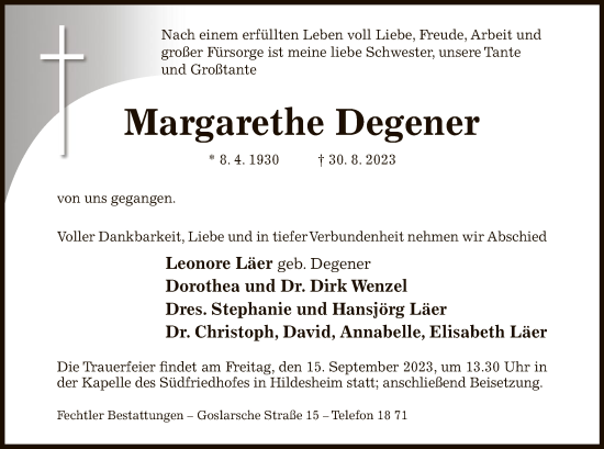 Traueranzeige von Margarethe Degener von HNA