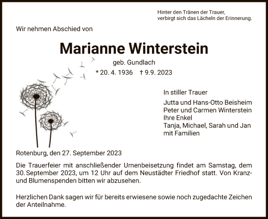 Traueranzeige von Marianne Winterstein von HNA