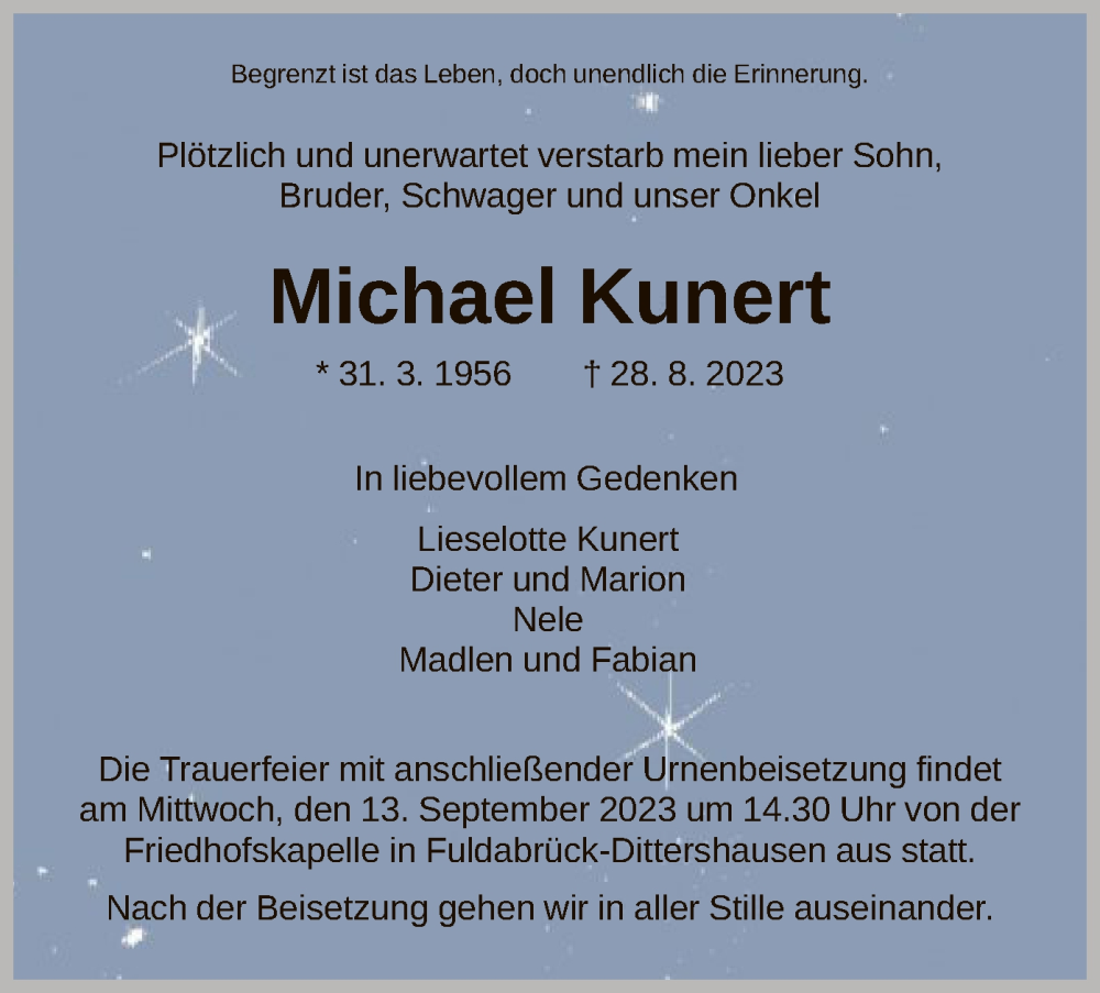  Traueranzeige für Michael Kunert vom 09.09.2023 aus HNA