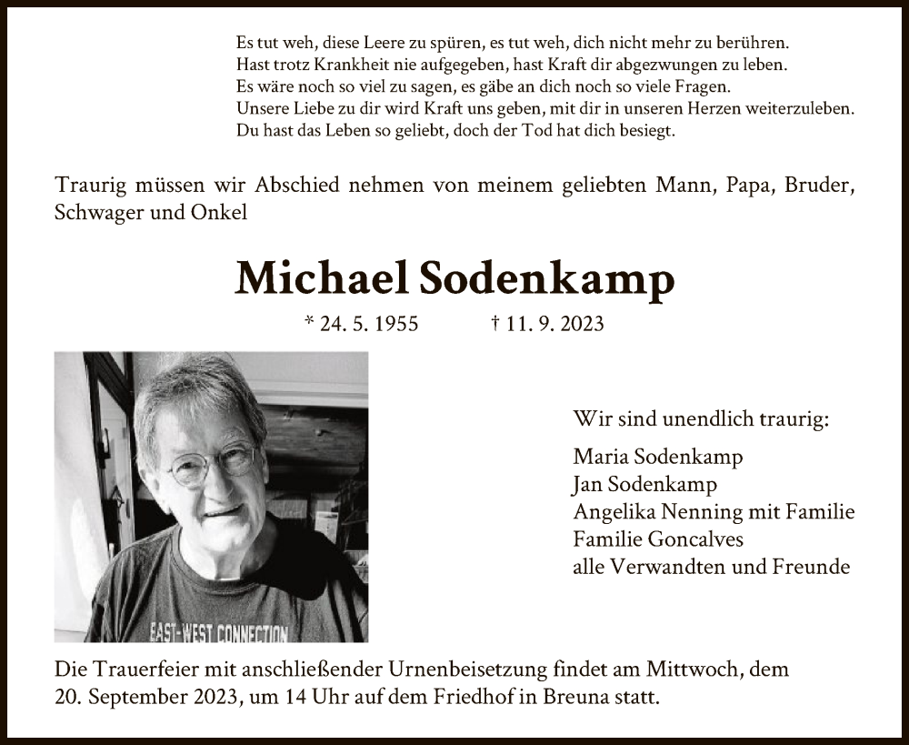  Traueranzeige für Michael Sodenkamp vom 16.09.2023 aus HNAHNA