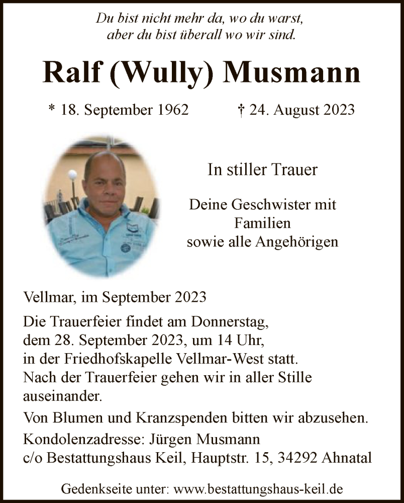  Traueranzeige für Ralf Musmann vom 22.09.2023 aus HNA