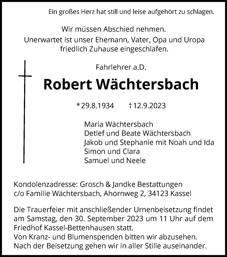  Traueranzeige für Robert Wächtersbach vom 23.09.2023 aus HNA