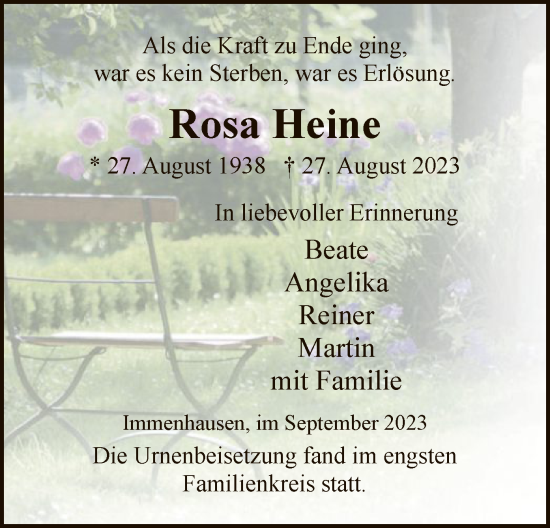 Traueranzeige von Rosa Heine von HNA