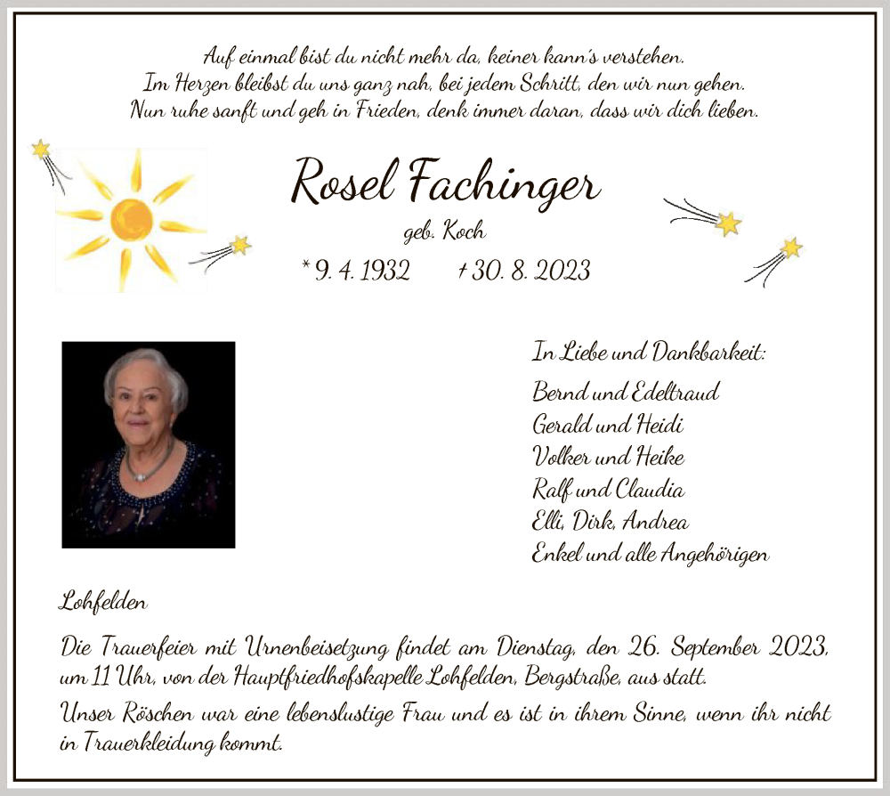  Traueranzeige für Rosel Fachinger vom 19.09.2023 aus HNA