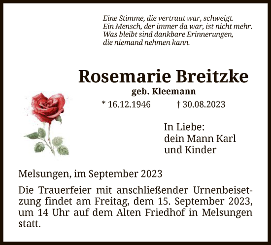 Traueranzeige von Rosemarie Breitzke von HNA