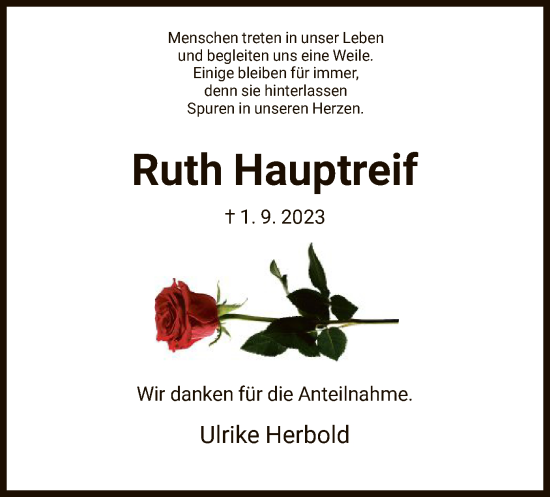 Traueranzeige von Ruth Hauptreif von HNA