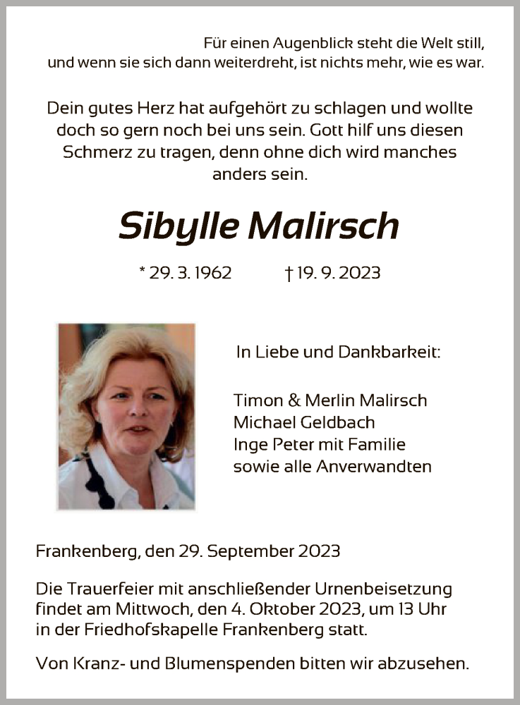  Traueranzeige für Sibylle Malirsch vom 29.09.2023 aus HNA
