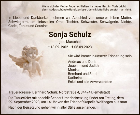 Traueranzeige von Sonja Schulz von HNA