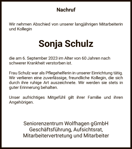 Traueranzeige von Sonja Schulz von HNA