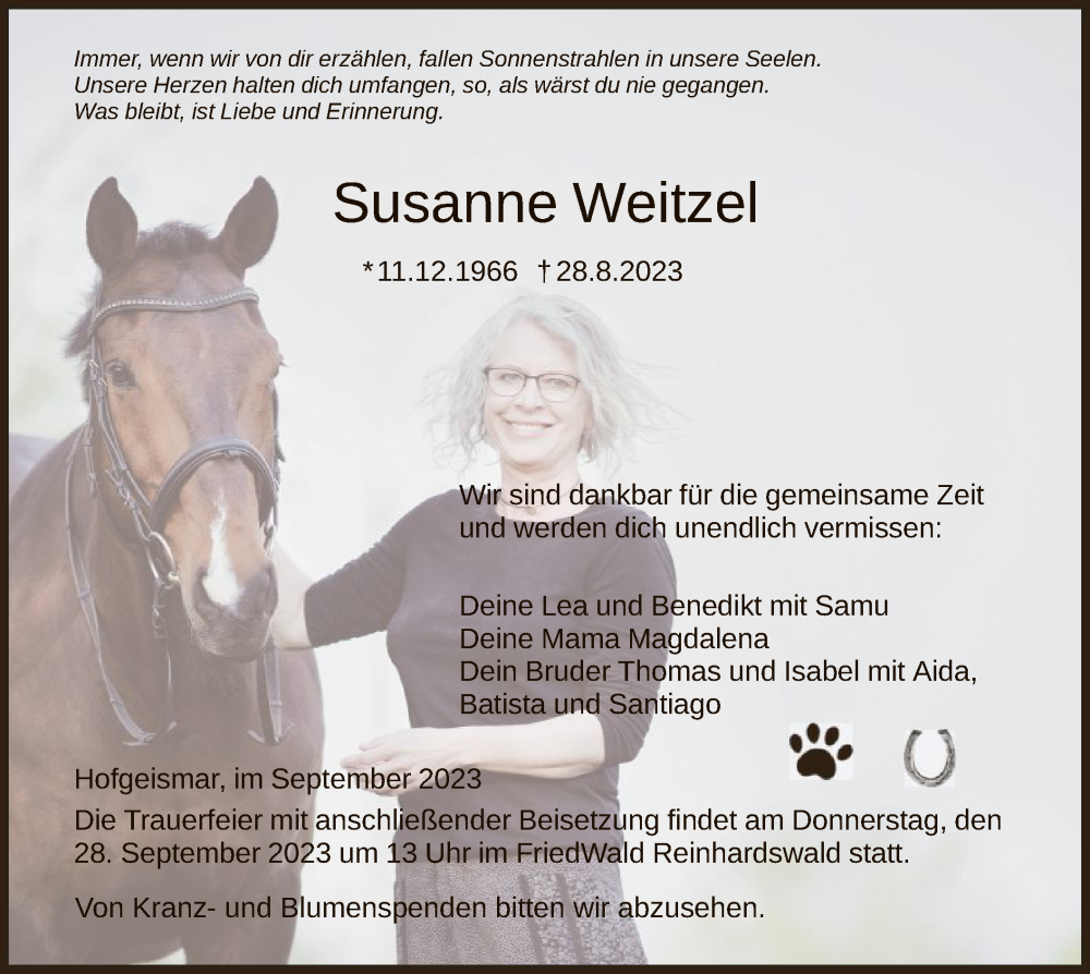  Traueranzeige für Susanne Weitzel vom 23.09.2023 aus HNA
