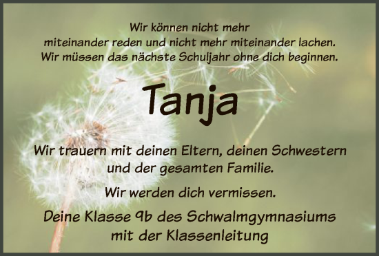 Traueranzeige von Tanja  von HNA